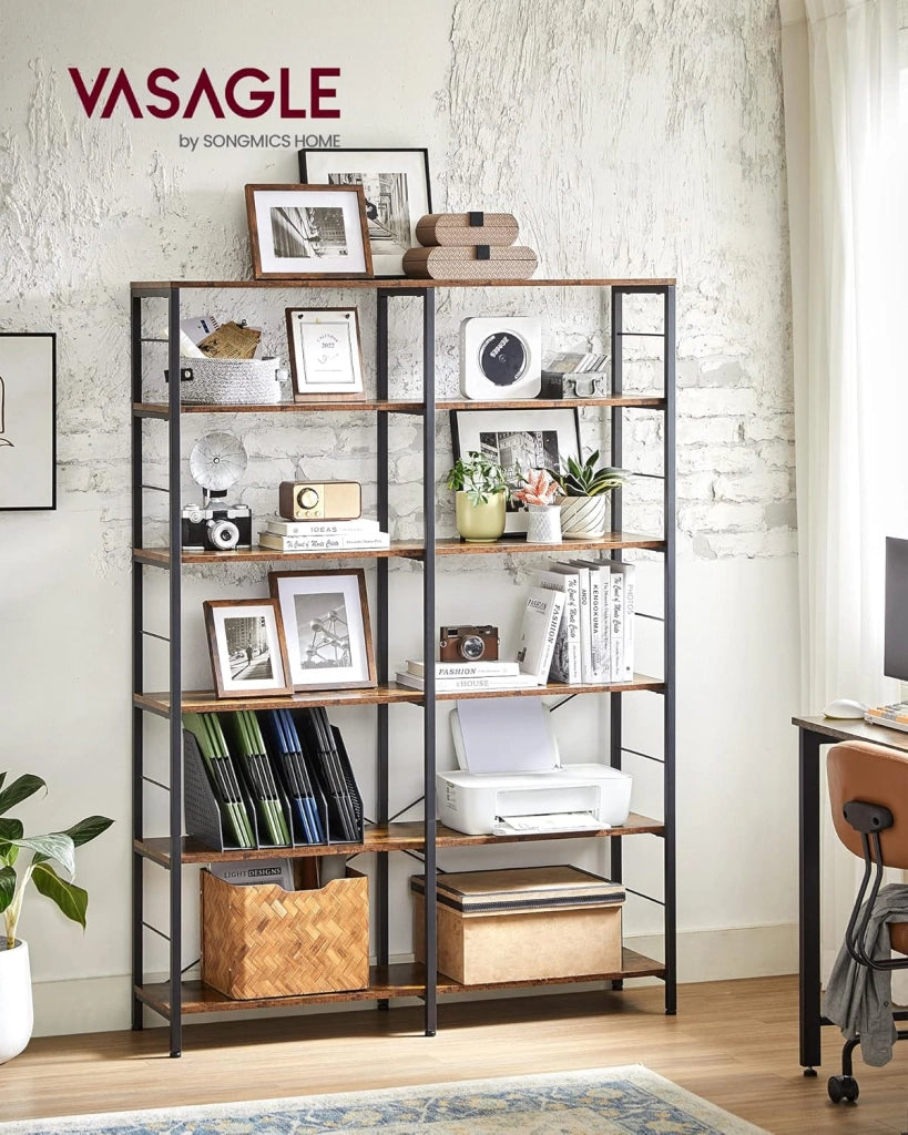 VASAGLE Libreria a 6 livelli, Scaffale Portaoggetti, 30 x 120 x 172,5 cm, Stile Industriale, per Soggiorno, Studio, Balcone, Cucina, Marrone Vintage e Nero LLS114B01