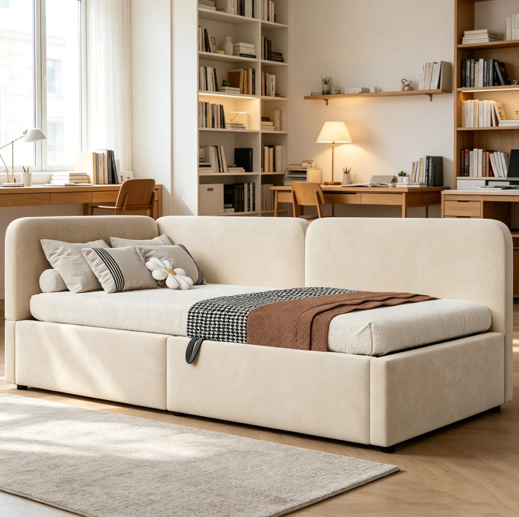 Divano letto imbottito 207x96x78 cm con spazio contenitore idraulico; tessuto beige