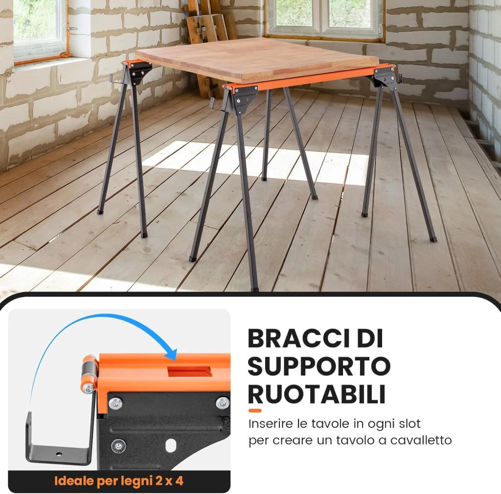 2 Cavalletti da Lavoro Pieghevoli, Cavalli da Lavoro con Gambe Apribili Rapide e Bracci di Supporto, Carico Fino a 500 kg (Modello 7)