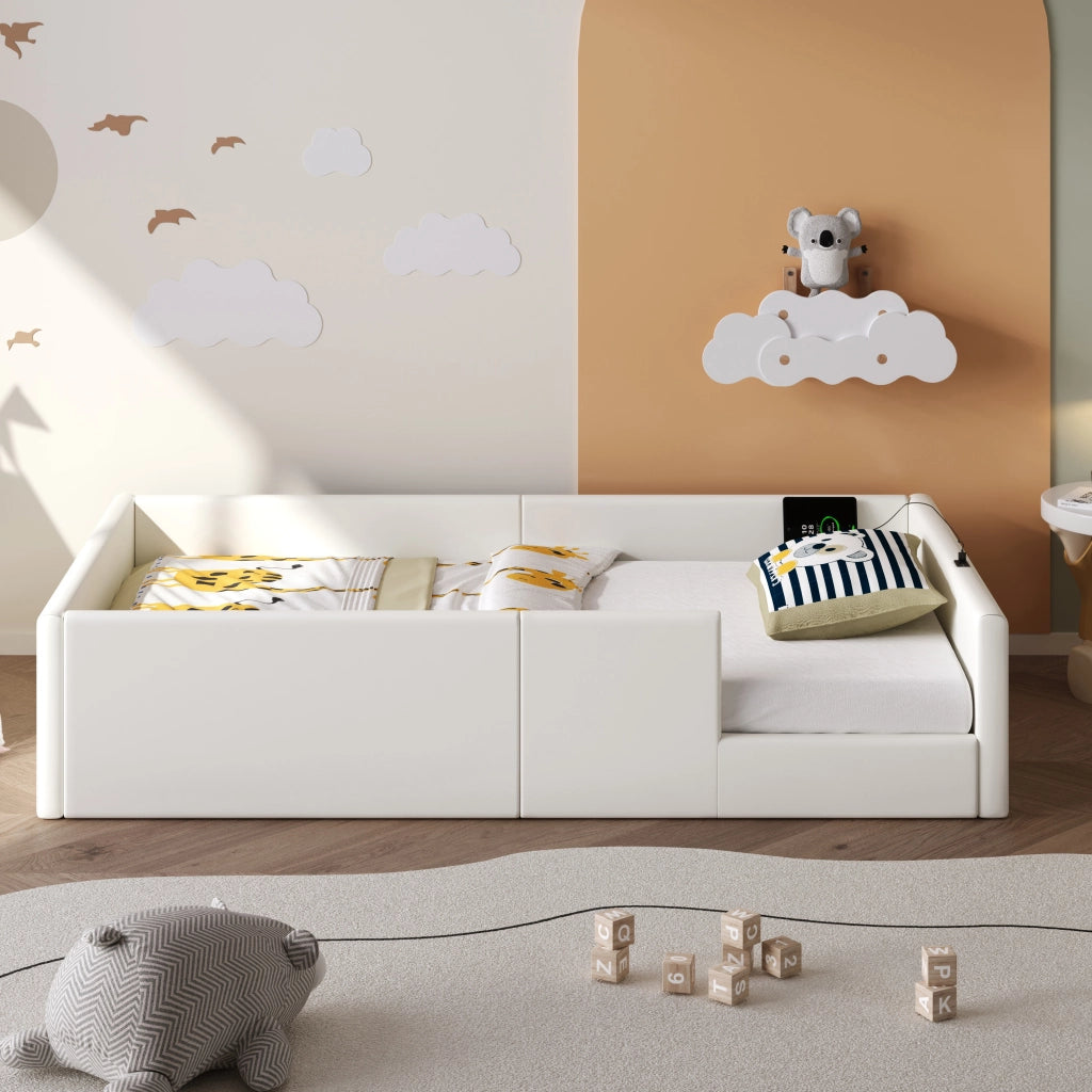 Letto Imbottito con Sponda e Stazione di Ricarica ¨C MINIMAL ¨C Bianco 90x200