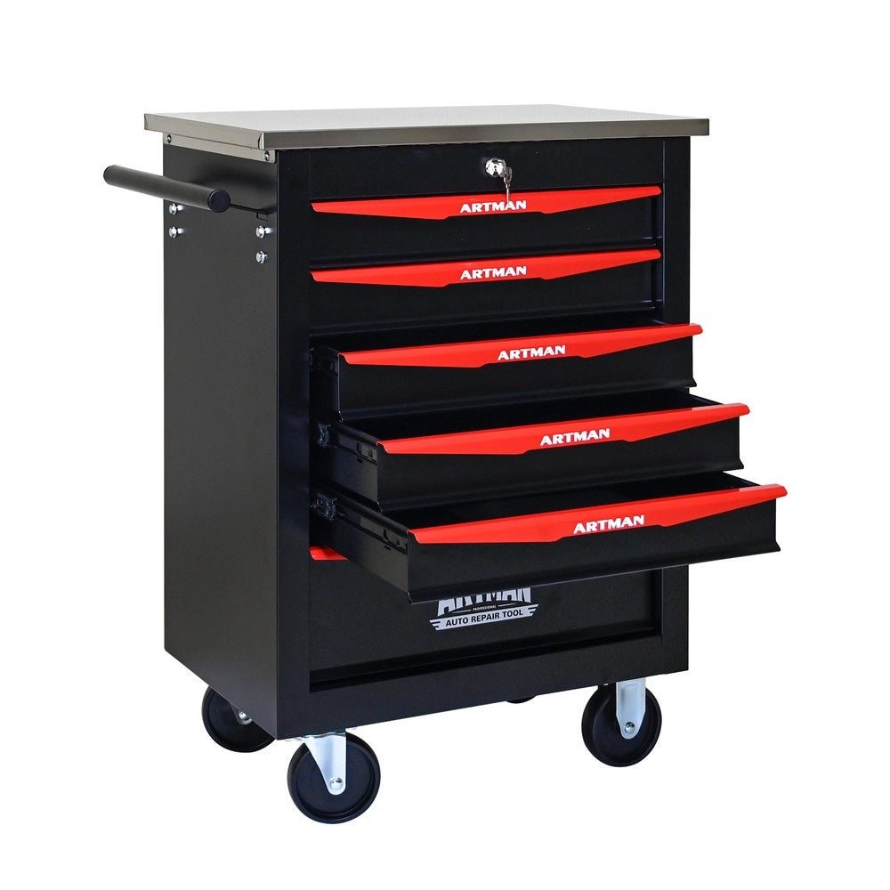 Carrello Portautensili con 6 Cassetti e Ruote ¨C MINIMAL ¨C Metallo, Piano in Acciaio, Nero e Rosso