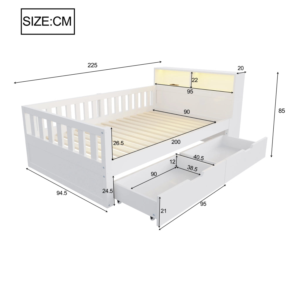 Letto singolo multifunzione 90x200 cm con divano L; LED; prese e contenitore; bianco