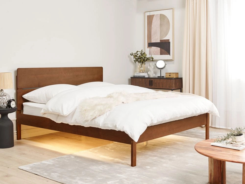 Letto in marrone scuro UE matrimoniale 160 x 200 cm con testiera a doghe Stile rustico minimalista con LED