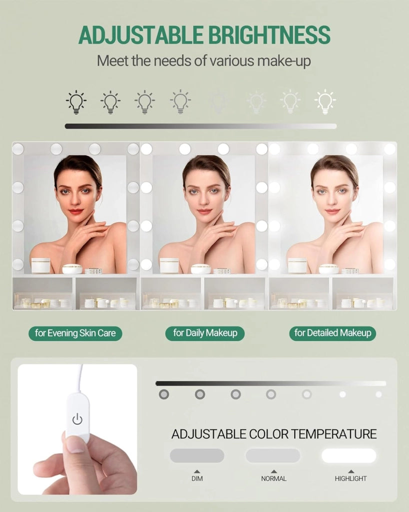 Hzuaneri Toeletta da Trucco, Luminosità Regolabile,Tavolo da Trucco con Specchio Grande, ampio cassetto e armadietto, Durevole e stabile, Moderno, Bianco VT08103X