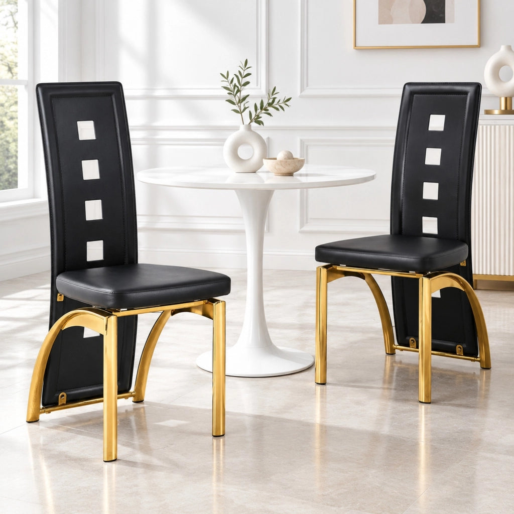 Sedie da pranzo nere con schienale traforato e gambe dorate, coppia elegante e confortevole