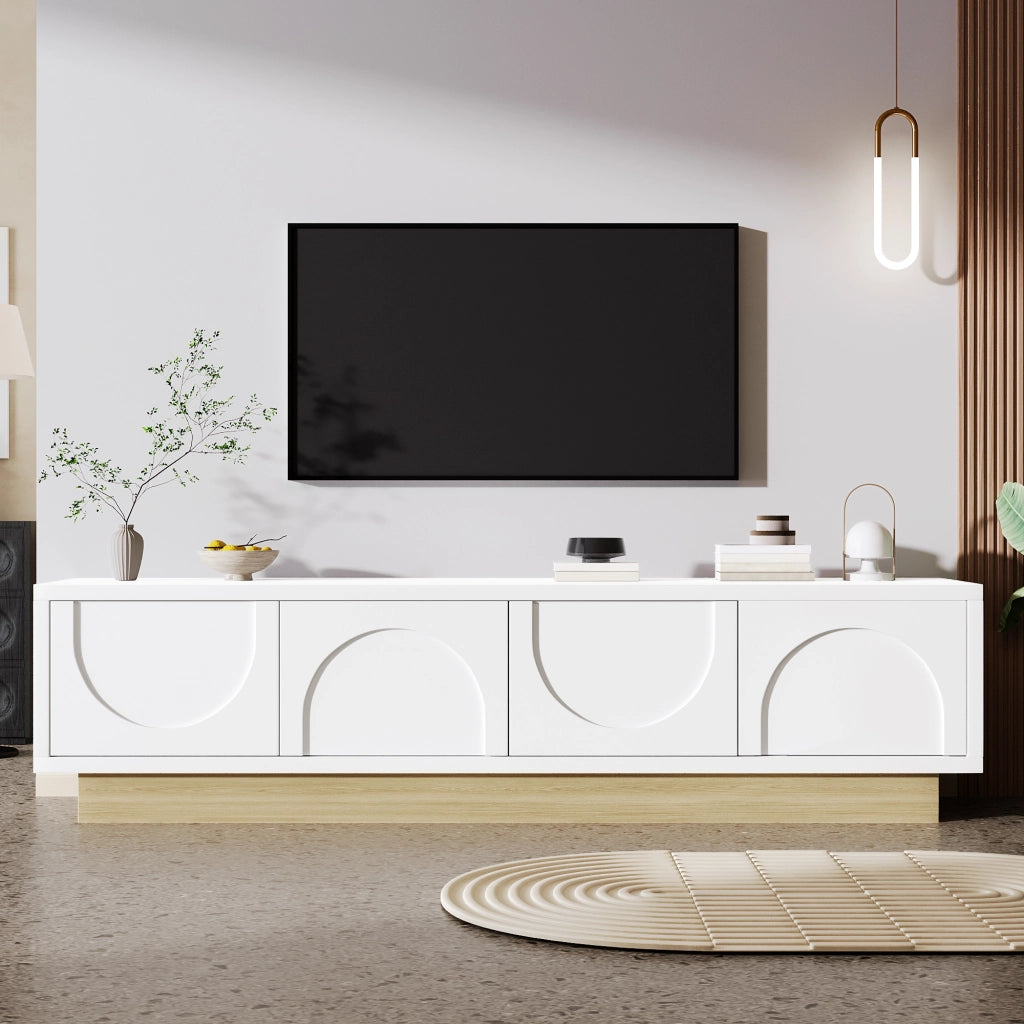 Mobile porta TV moderno con base effetto legno e design curvo in MDF bianco 175 × 40 × 41,5 cm