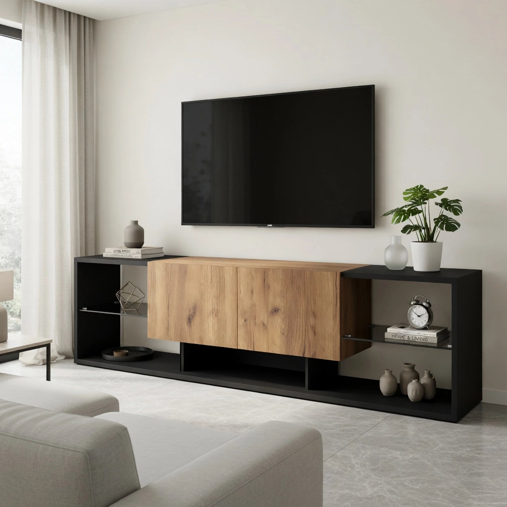 Cassettiera per TV nera e naturale in truciolare lunghezza 160 cm