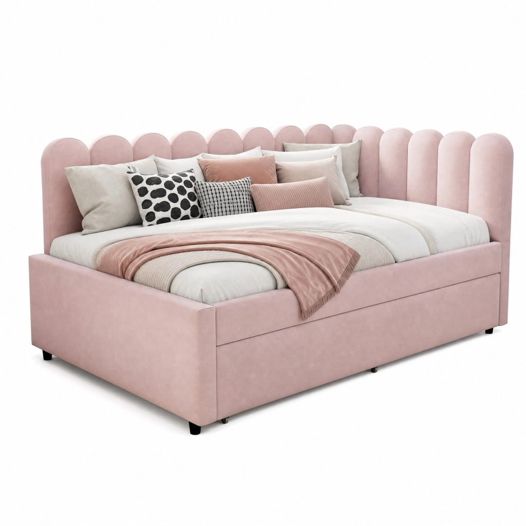 Letto imbottito angolare con letto estraibile 140x200 cm in velluto rosa