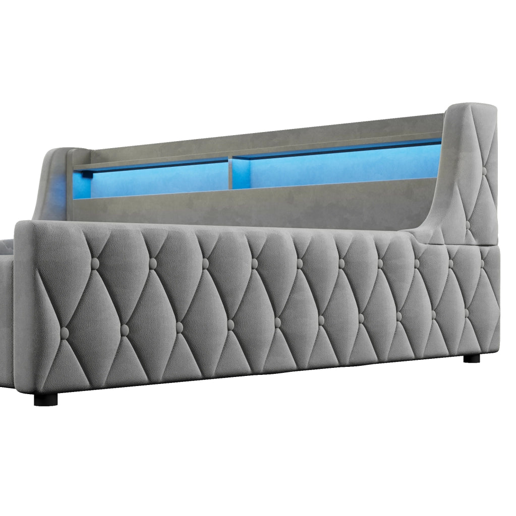 Letto imbottito 140x200 cm con contenitore idraulico e testiera LED grigio