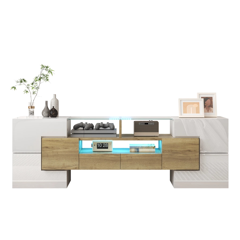 Mobile TV con 6 Ante; 2 Cassetti e LED Multicolore; Bianco Lucido e Oro; 145??30??51 cm; in Pannello Truciolare