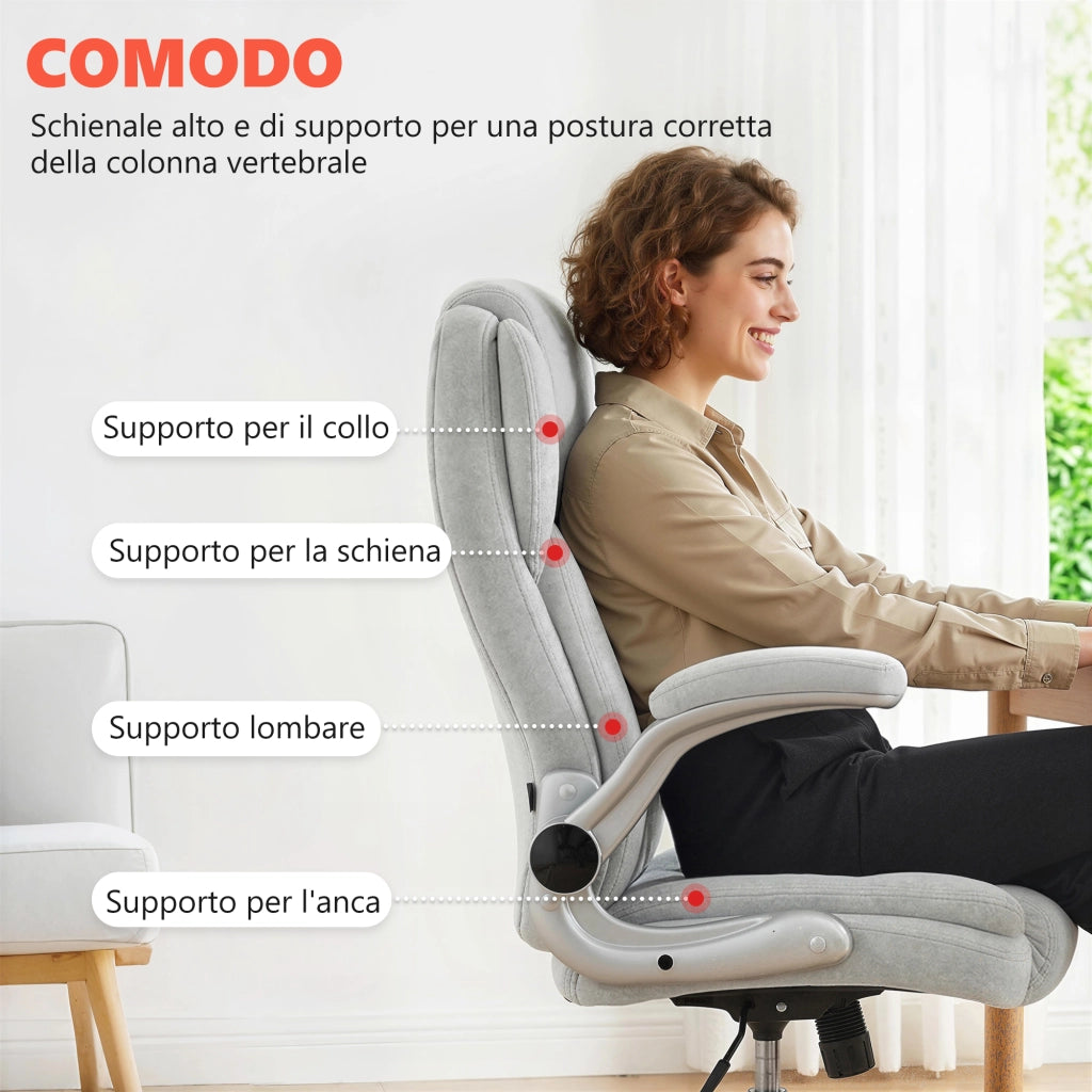 Sedia Ergonomica da Ufficio68x69x118 cm Schienale Alto e Braccioli Ribaltabili in VellutoBianco Crema
