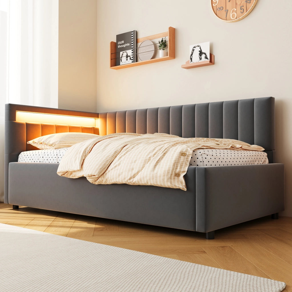 Letto imbottito 90x200 con LED, vano contenitore e rete a doghe