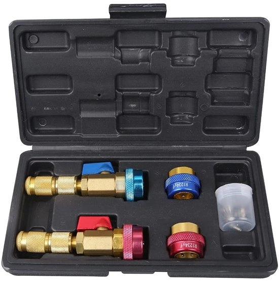 Imbottigliatore a vite per aria condizionata - Materiale: lega di alluminio e rame - Adatto per R134/R1234YF - Incluso: 2 valvole di installazione - 3 core di valvola - 2 O ring - Attrezzatura per aria condizionata