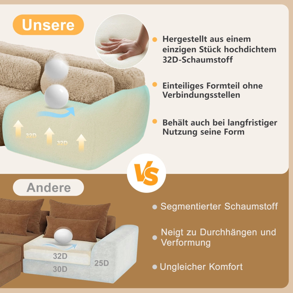 Divano Modulare 2 Posti Divano ad Angolo con Pouf Riconfigurabile in Peluche Cachi Chiaro