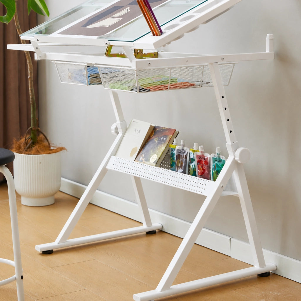 Scrivania lineare regolabile con piano in vetro, vani e cassetti, per ufficio e studio, bianco