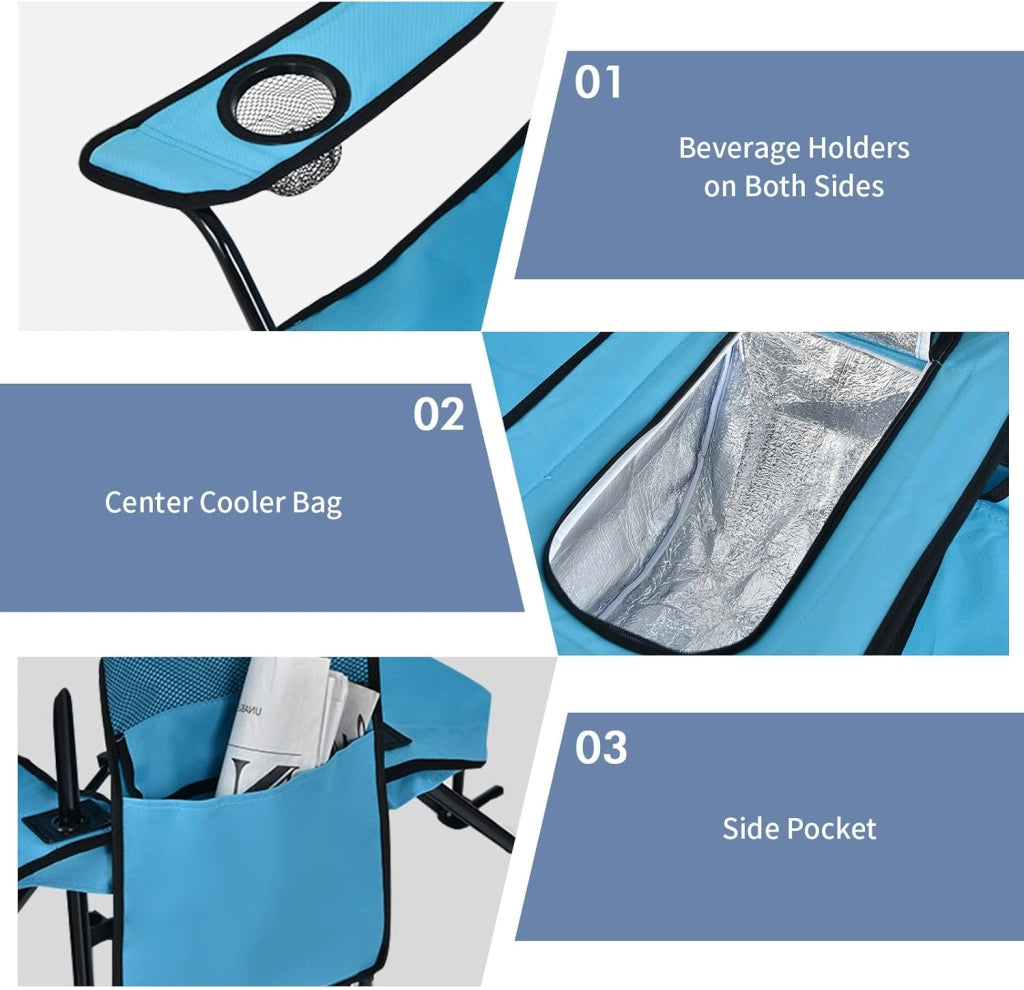 Sedia Pieghevole da Campeggio Doppia, 2 Sedie da Esterno con Tettuccio Parasole Regolabile, Sedia da Pesca Portatile con Borsa Frigo, Borsa Laterale e Portabevande per Picnic (Turchese)