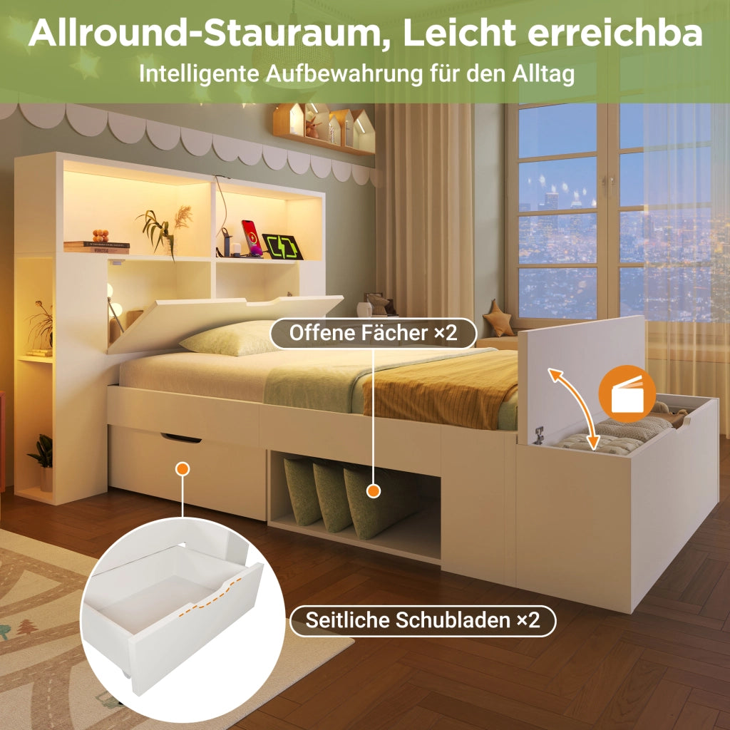 Letto in legno bianco con illuminazione a LED e USB cassetti 90x200 cm