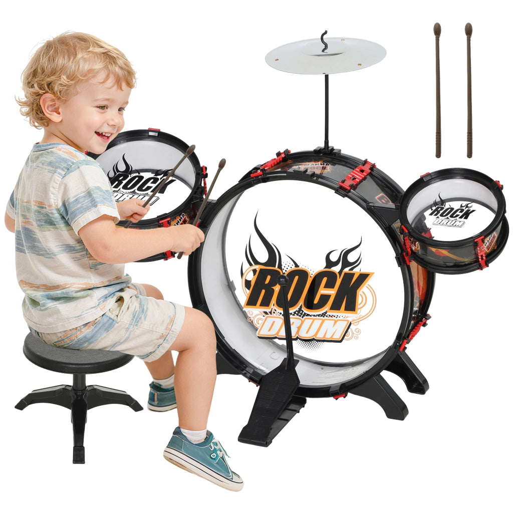 Set Batteria Giocattolo per Bambini con Sgabello, Gioco Musicale per Bambini 3-6 Anni, Nero