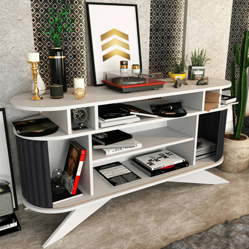 Credenza Joy, Buffet da soggiorno, Madia da salotto, Dispensa da cucina, 150x43h75 cm, Bianco e Antracite