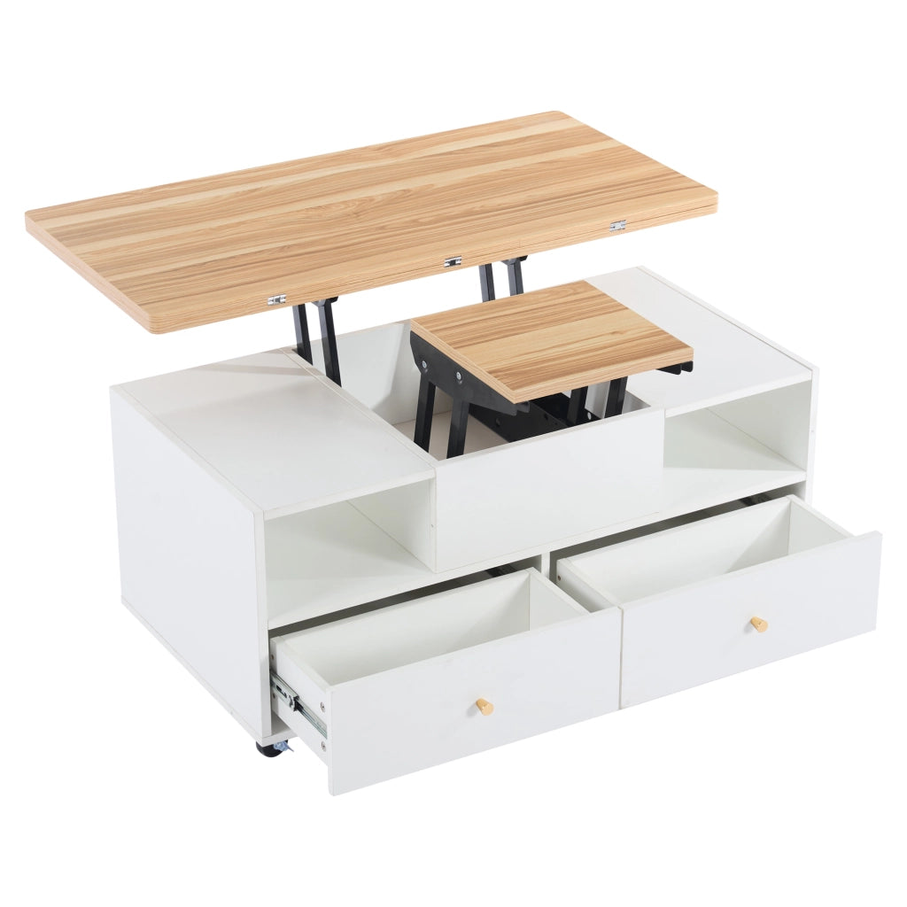 Tavolino da Salotto Alzabile con Piano Ribaltabile; 4 Cassetti e Ruote con Freno; in MDF; 100×50×47;5 cm; Legno Naturale