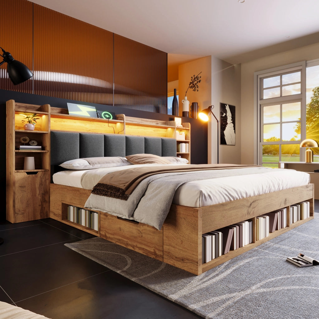 Letto matrimoniale 180 × 200 cm con illuminazione LED, porte USB e USB-C, contenitore e senza materasso