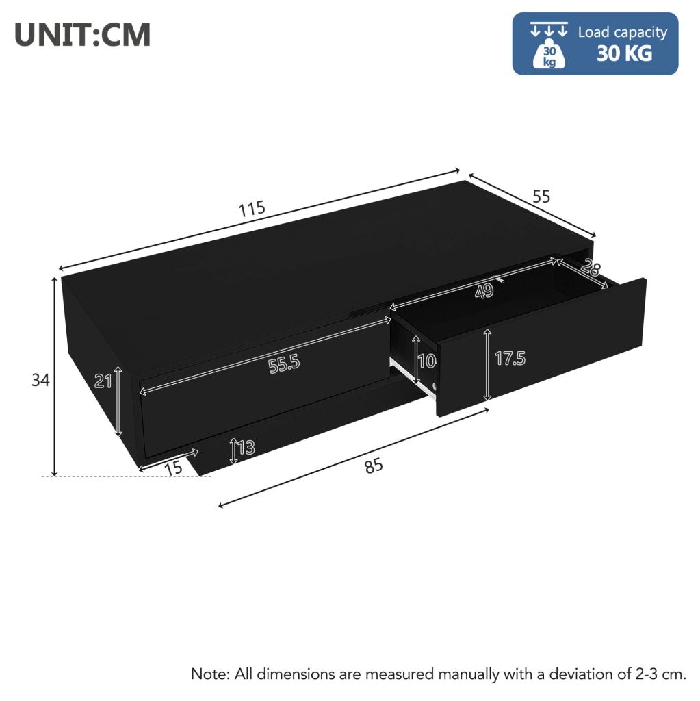 Tavolino da caffè nero lucido con LED e 2 cassetti, 115 x 55 x 34 cm