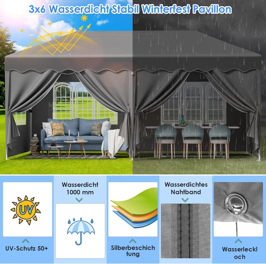 Gazebo 3x6 Pieghevole Impermeabile,Pergola Gazebo Esterno Resistente con 4 Pannelli Laterali, 420D Oxford Ispessente,Protezione UV 50+,Feste Campeggio Matrimonio,Spiaggia, Cortile, Giardino, Grigio