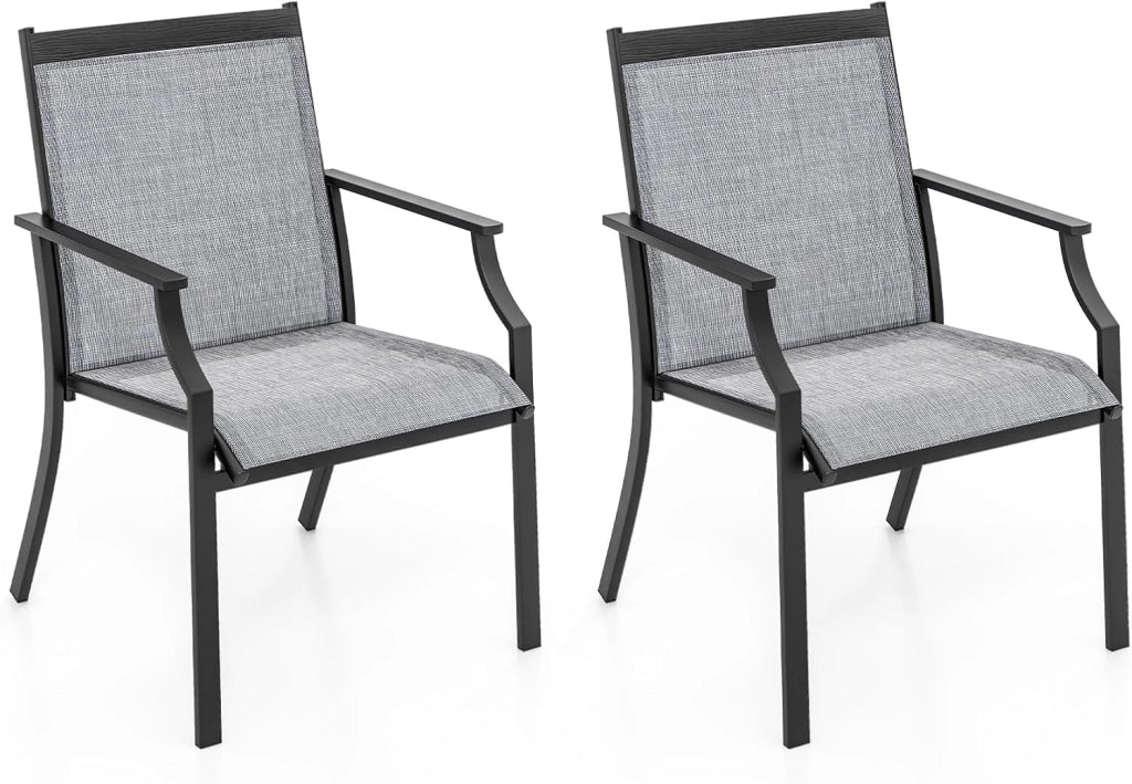 2 Sedie da Pranzo per Patio, Poltrone da Esterno con Seduta Traspirante e Telaio in Metallo, Schienale Ergonomico e Braccioli, Poltrone con Schienale Alto per Portico, Cortile, Prato(Grigio)