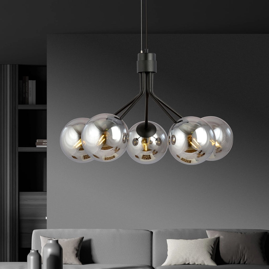 Lampada a sospensione NOVA in acciaio nero con diffusori in vetro grafite