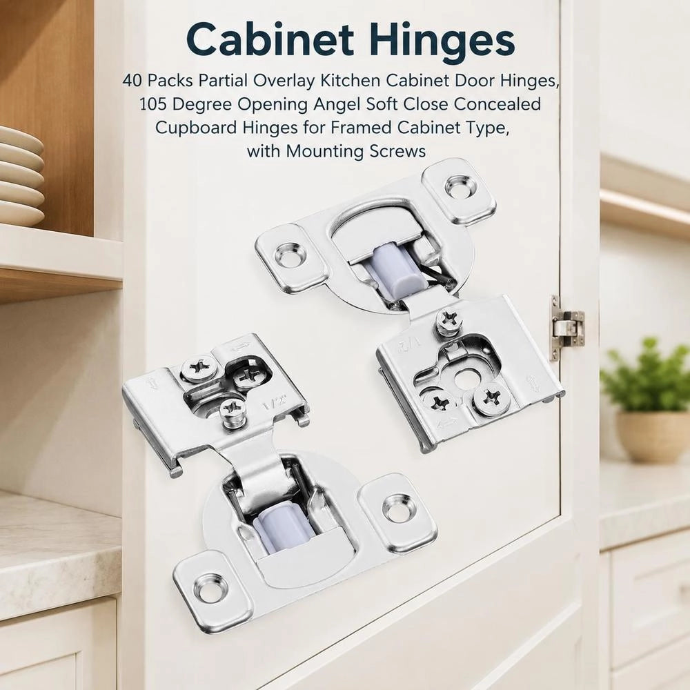 Cabinet Hinges, Set Of 40, Partially Surface-mounted Furniture Hinges, 105-degree Opening Angle, Soft-close, Hinges For Framed Cabinet Types, With Mounting Screws, 71 X 57 X 18 Mm