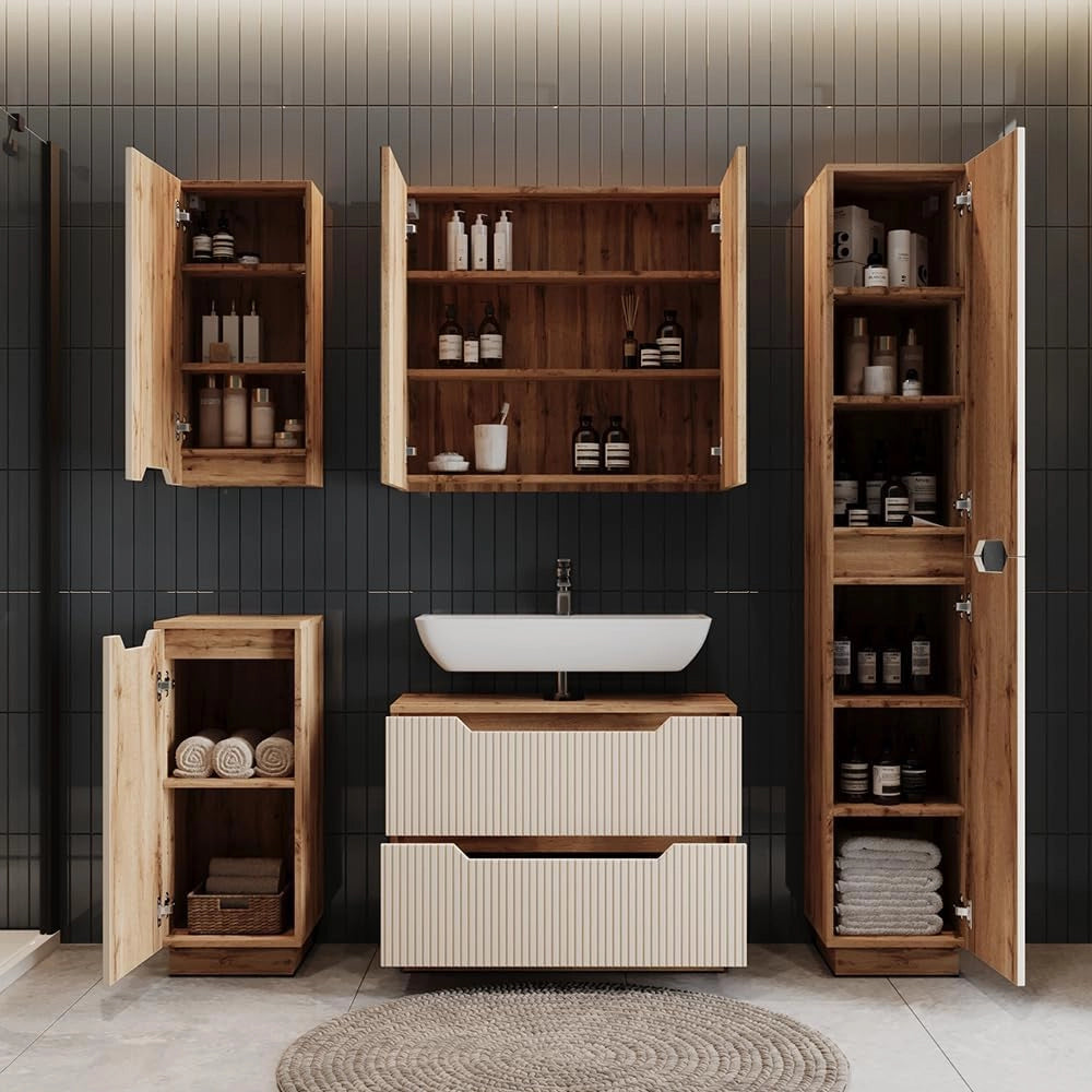 Mobile sottolavabo per bagno Lotta, Rovere/cashmere a righe, 79.6 x 62.5 cm con 2 cassetti