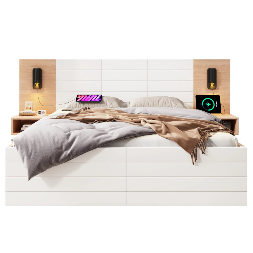 Letto matrimoniale 140x200 cm in legno con 2 cassetti, luci di lettura e USB, colore bianco e rovere