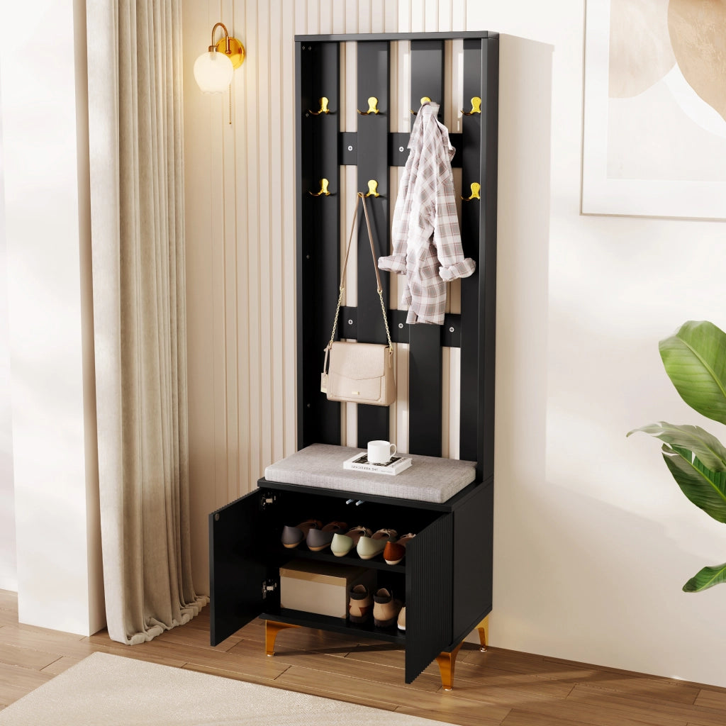 Mobile Ingresso con 2 Ante; Ripiani Regolabili e Panca Portascarpe; Push-to-Open; Nero e Oro; 60;5×35;2×180;5 cm