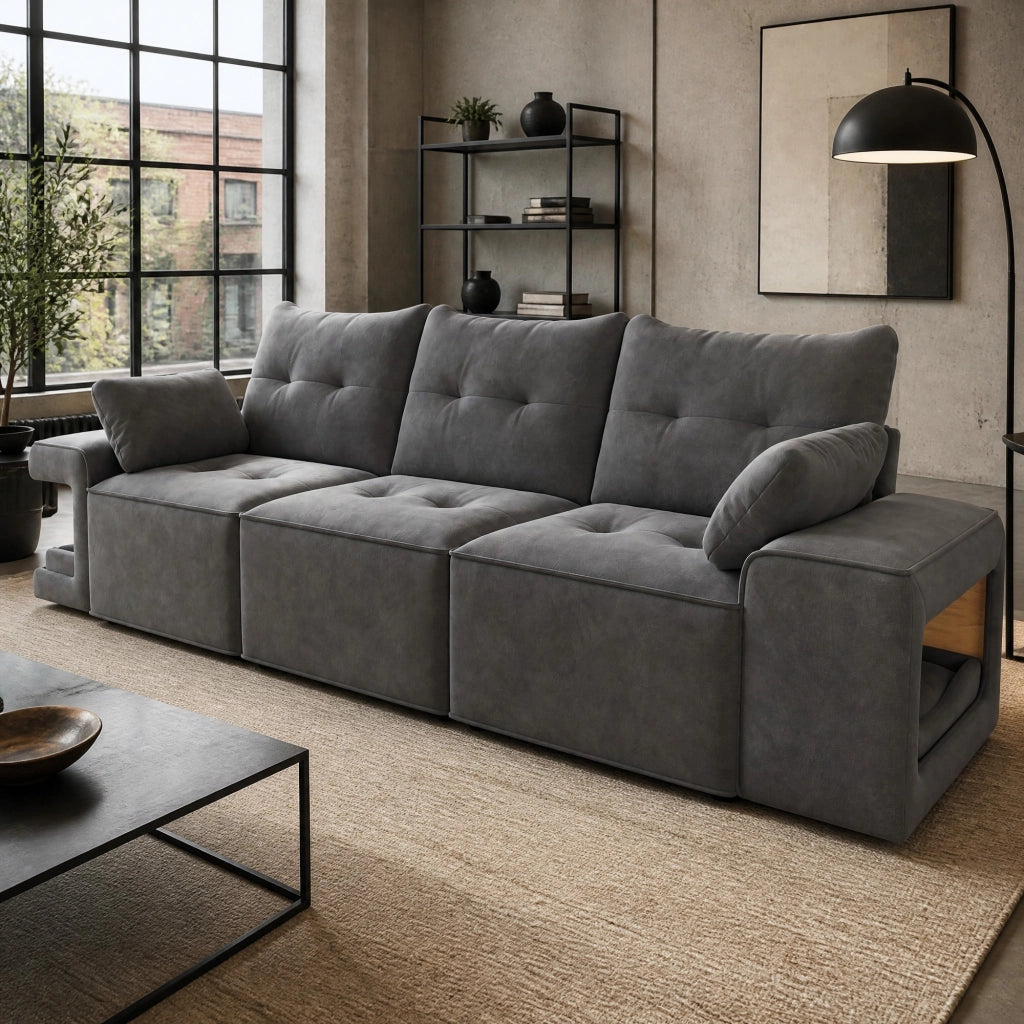 SOFÀ 3 POSTI 229,5x78x84 cm Velluto Grigio con 2 cuscini e vani portaoggetti
