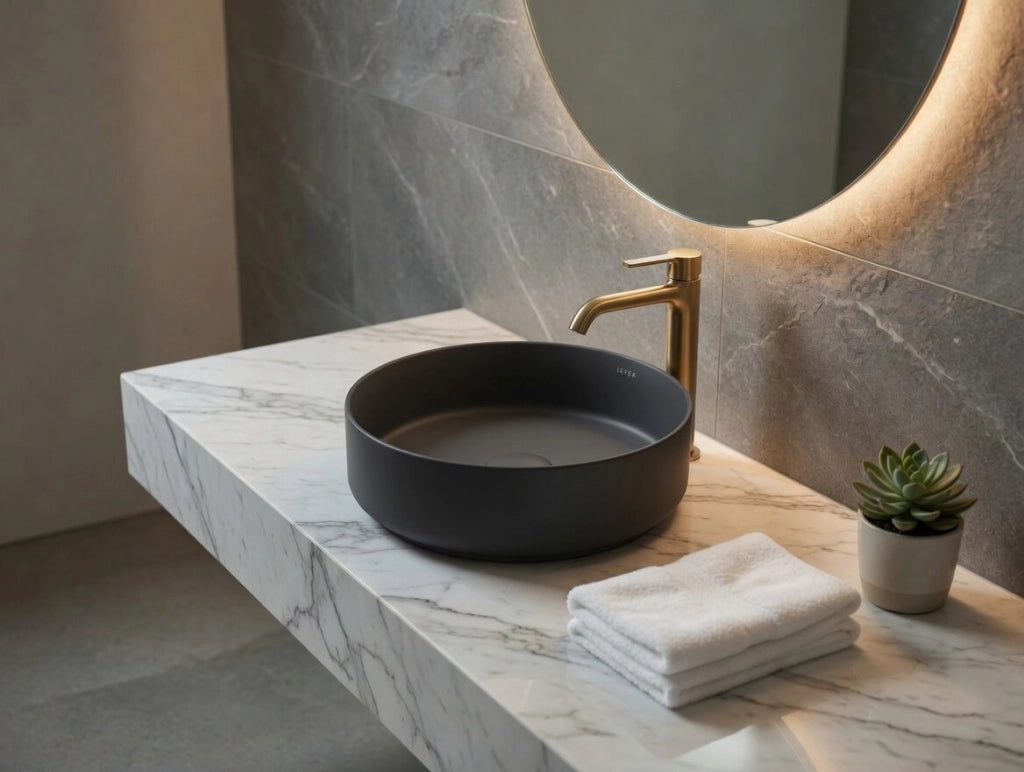 Lavabo tondo da appoggio senza troppo pieno in ceramica senza foro rubinetto - Antracite Opaco