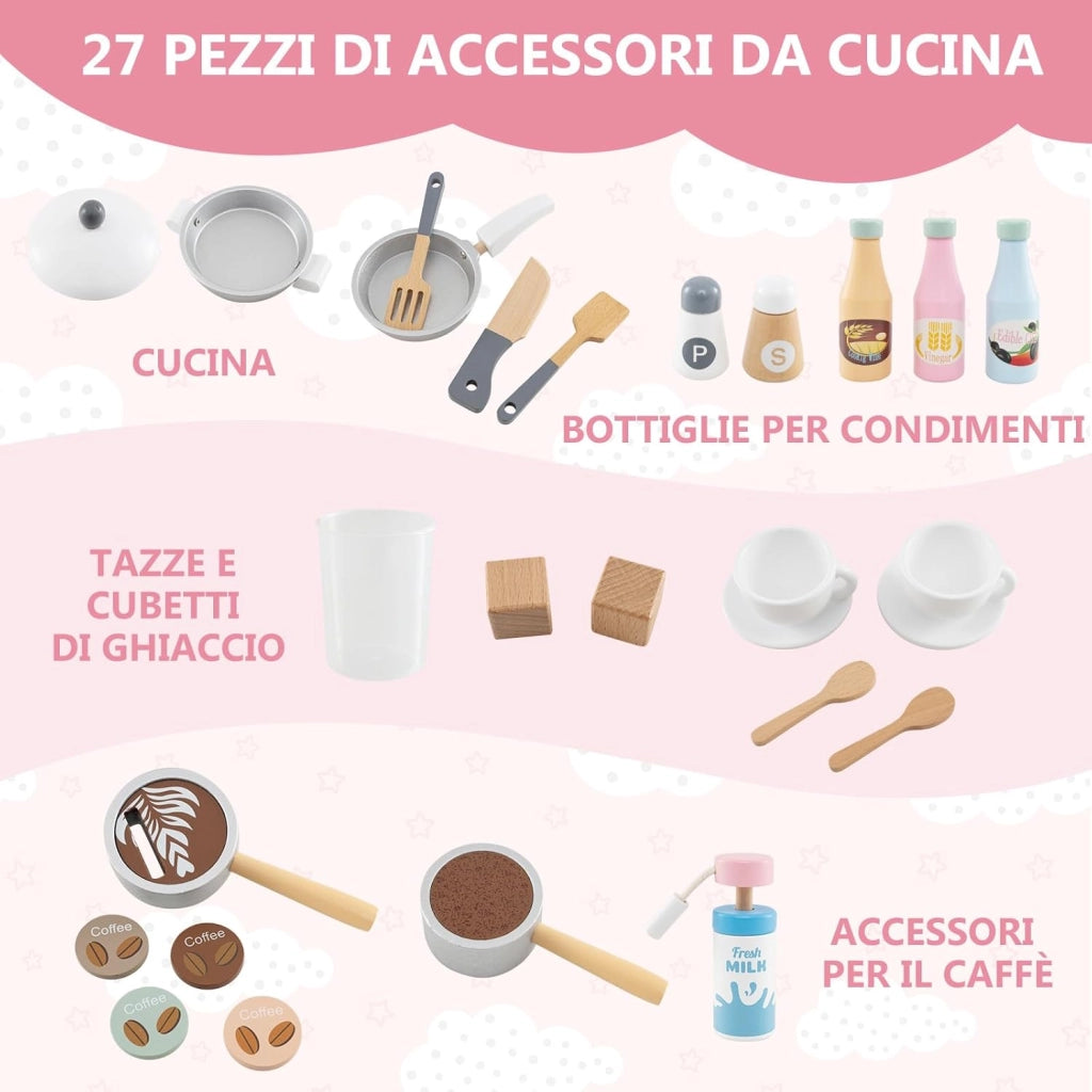 Cucina Giocattolo con Macchina da Caffè e del Ghiaccio, Cucina per Bambini in Legno con Lavatrice, Microonde, Fornelli e Lavandino, Set Cucina con 27 Accessori, 106 x 30 x 105 cm (Bianco)