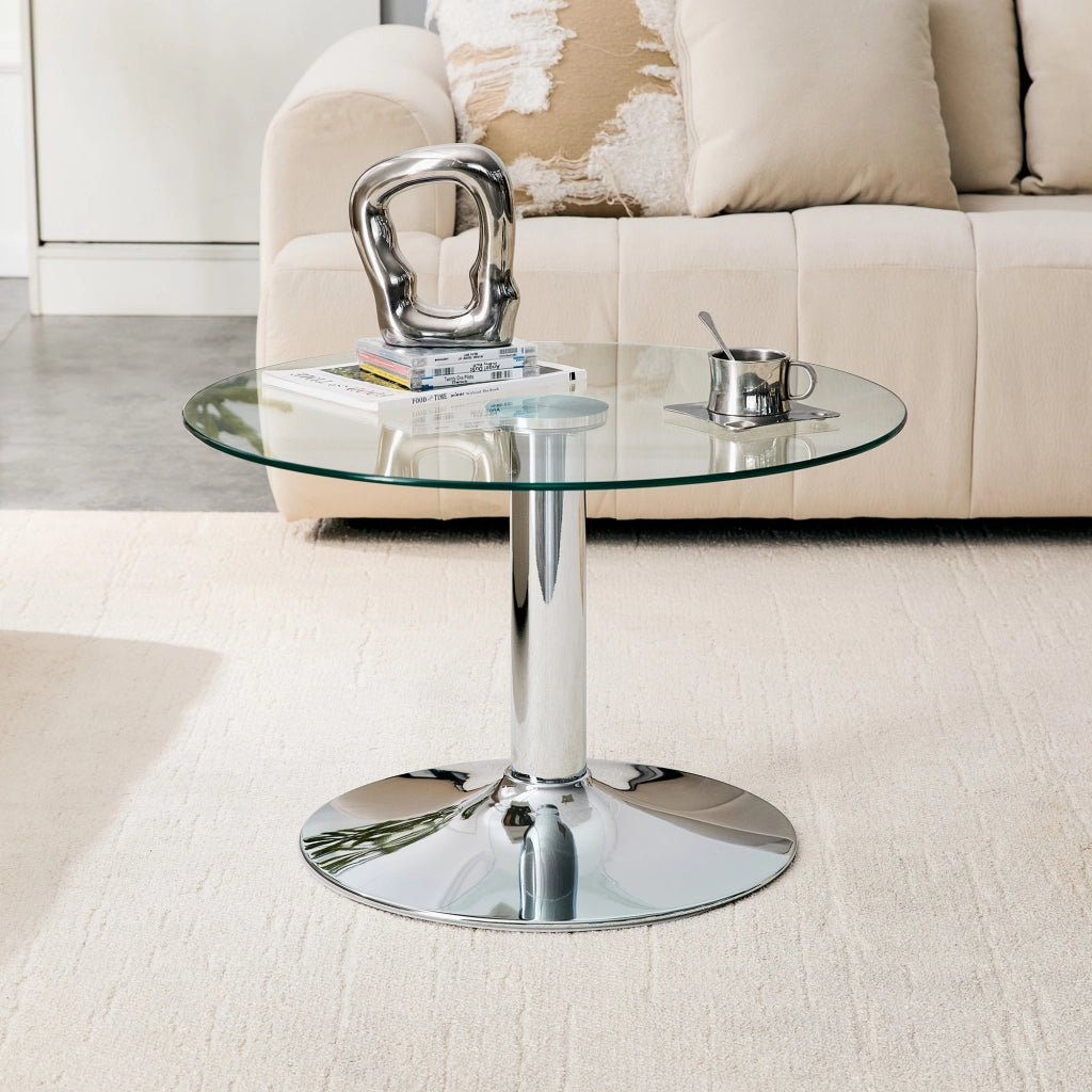 Tavolino da caffè rotondo in vetro temperato 70 cm, struttura in metallo, colore Silver