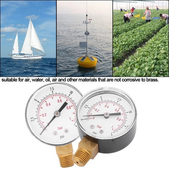 Drukmeter portatile per gas, acqua e olio, misura 0-15 psi e 0-1 bar, costruzione in metallo, affidabile e duraturo.