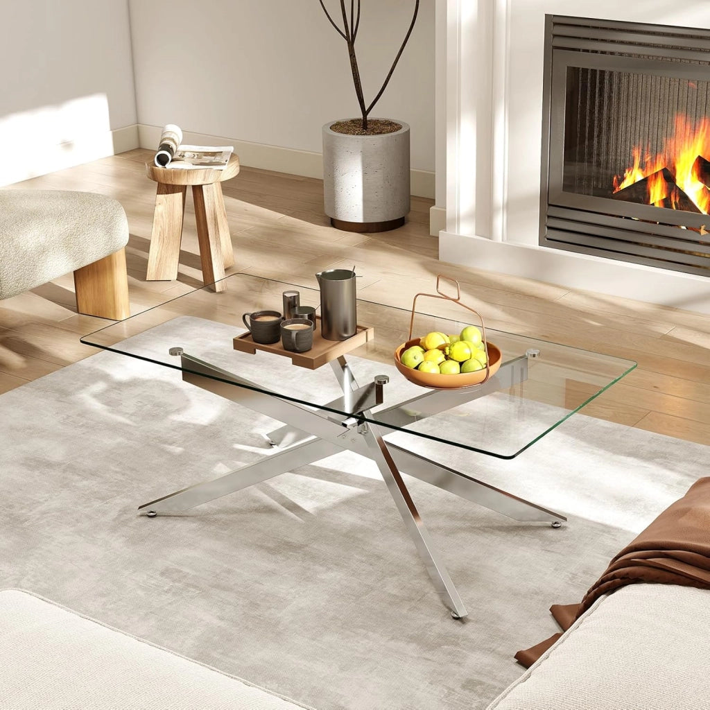 Tavolo da Caffè, Tavolino Salotto in Vetro Temperato con Gambe Incrociate in Metallo Placcato e Piedini Regolabili Antiscivolo, per Soggiorno e Ingresso, 120 x 60 x 45,5 cm (Argento)