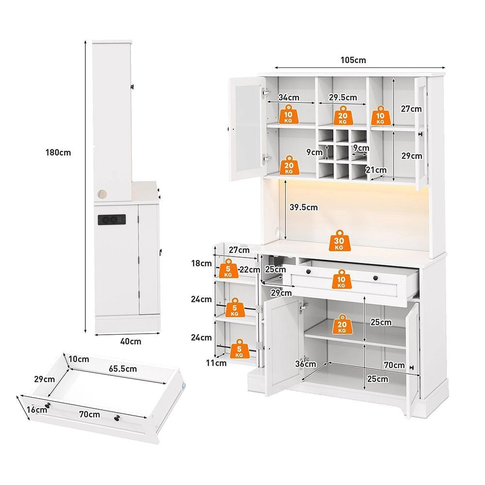 Armadio da cucina alto - Xylo - 180¡Á105¡Á40cm - Vetrina con porta, illuminazione LED e presa di corrente