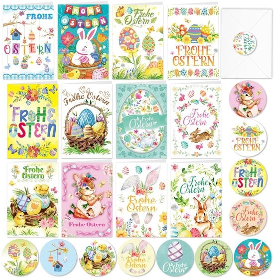 Set di Cartoline di Pasqua - 12 Cartoline di Pasqua Allegra - Con Etichette per Buste - Cartoline Pieghevoli per Pasqua - Cartoline di Regalo - Adatte per Bambini e Adulti - Cartoline di Auguri di Pasqua