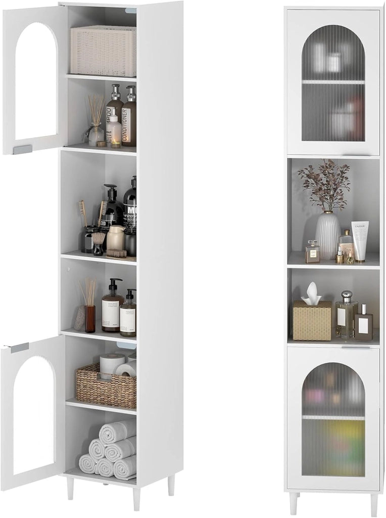 Mobiletto da Bagno, Armadio Alto in Legno con 2 Ante in Vetro Scanalato e Ripiani Regolabile, 35 x 30 x 180 cm, Mobile Salvaspazio per Cucina e Soggiorno (35 x 30 x 180 cm)
