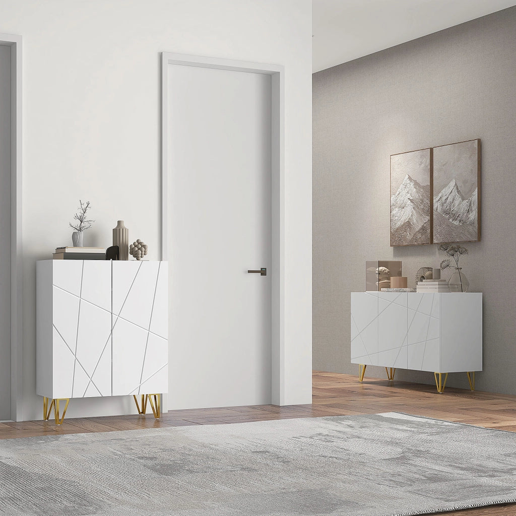Mobile Contenitore con 2 Armadietti e Ripiano Regolabile. in Truciolato e Metallo. 120x40x75 cm. Bianco e Oro