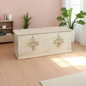 Cassapanca baule in legno Shabby chic ap bianco anticato decorato con fiori