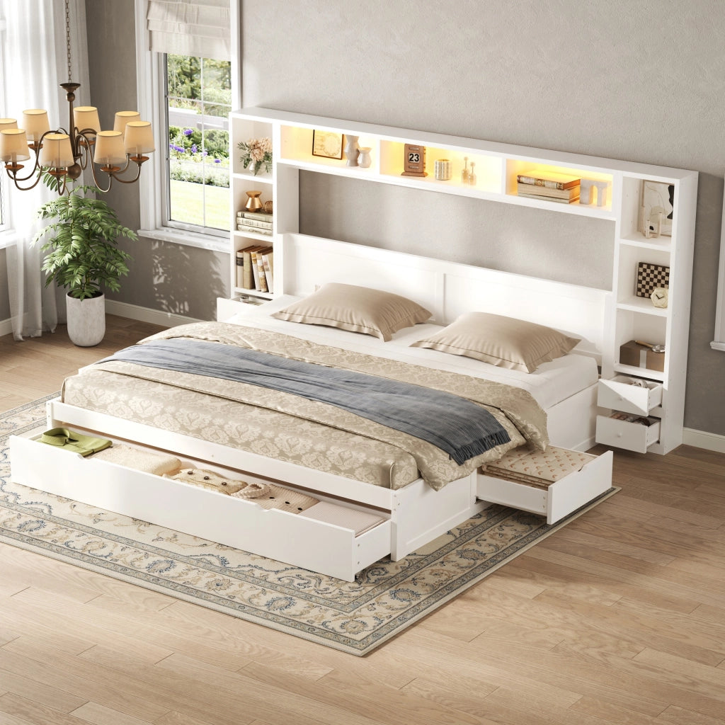 Letto contenitore 180x200 cm con testiera libreria; 7 cassetti e LED; bianco