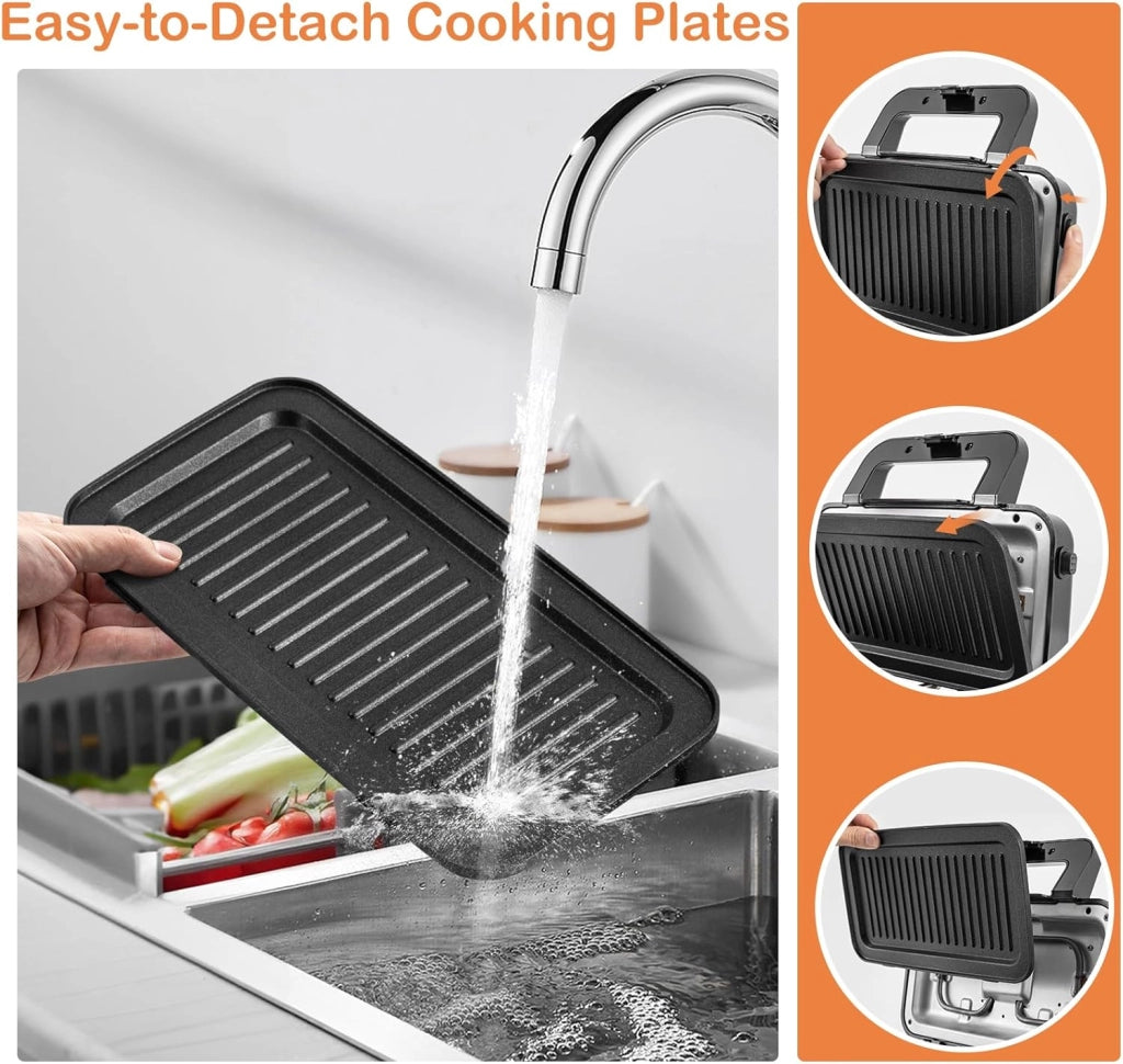 Tostapane 1200W, Piastra per Panini Sandwich Waffle 3 in 1, 5 Temperature Regolabili, Doppia Faccia, Piastra Grill Rimovibile e Lavabile, Protezione contro Surriscaldamento, Nero