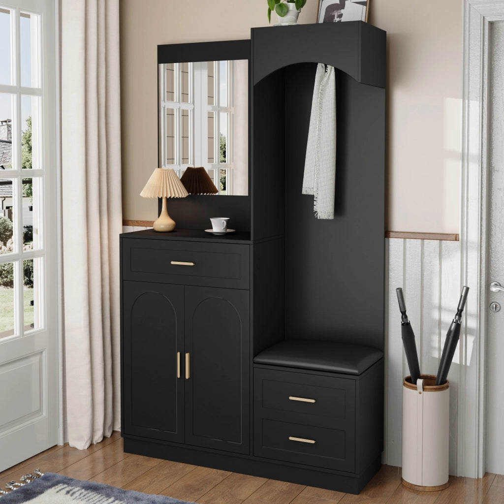Mobile Ingresso con Specchio; 2 Ante; 2 Cassetti e Panca Scarpiera; Ripiani Regolabili; Moderno; in MDF; Nero; 110??33??185;5 cm