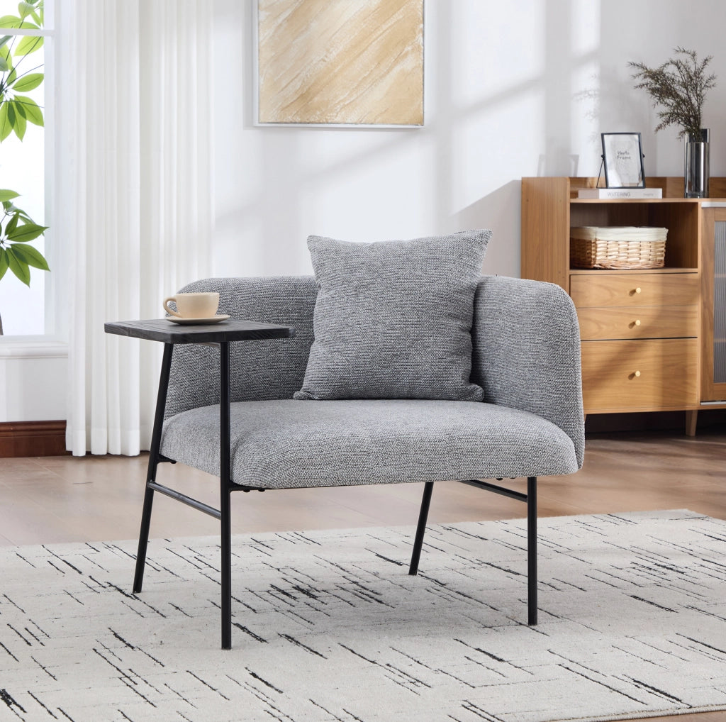 Poltrona da relax con tavolino laterale e tasche portaoggetti; in ciniglia grigia; 86x72x71 cm