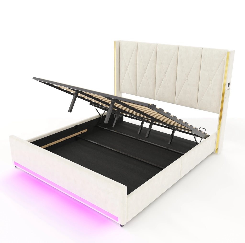Letto 180x200 cm con contenitore; LED; USB e Type-C in velluto beige