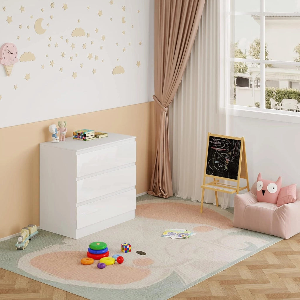 Fasciatoio, Cassettiera con 3 Cassetti, per Soggiorno, Camera da Letto, Camera dei bambini, 80x48x78cm, Bianco Lucido